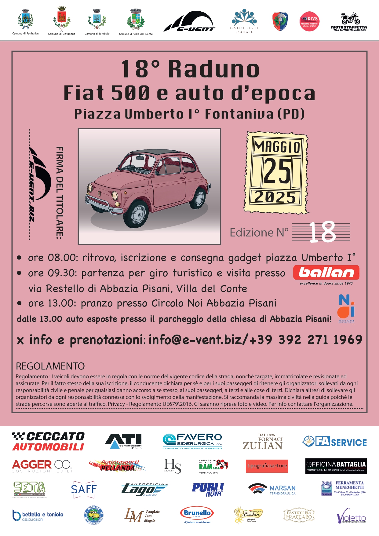 Raduno di Fiat 500 e Auto d’Epoca: il 25 Maggio Torna l’Evento Storico a Fontaniva